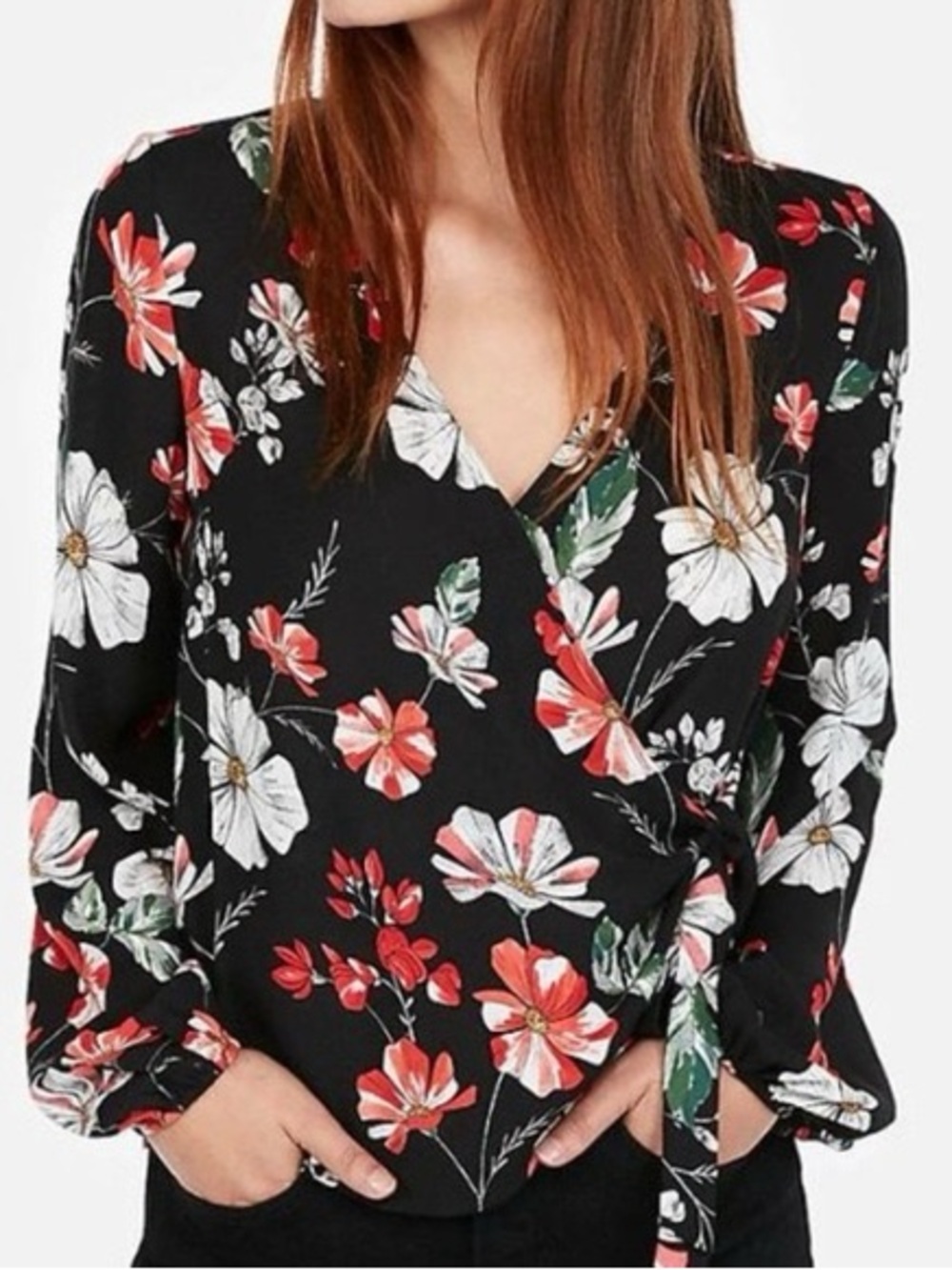 Express Black Floral Wrap Top with Red & White Flowers